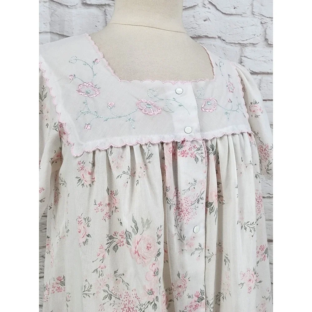 Vintage Floral Cotton Nightgown Womens Puff Sleeve Lace Trim Cottagecore Sleep